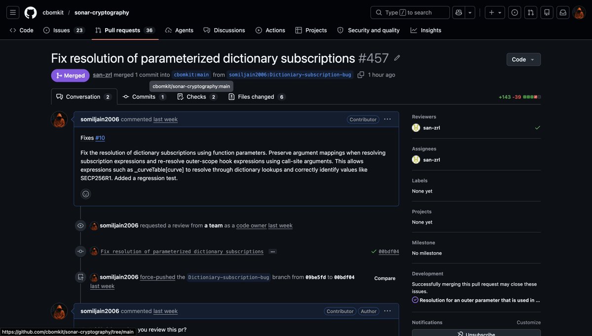 Techsom39849's tweet photo. Just got a PR merged in Sonar Cryptography. Fixed a Python semantic analysis bug where dictionary lookups using function parameters weren't fully resolved, allowing lookups to correctly resolve to curves like SECP256R1. #Java #OpenSource #SonarQube https://t.co/cZKrqyxCdG