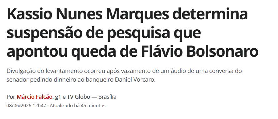 KriskaCarvalho's tweet photo. Isso aqui é escandaloso! Método autoritário de ditador! 

Kassio Nunes começa a interferir nas eleições, tem nome: CENSURA!!! Acho bom todos se manifestarem! O golpe está ativo e nunca parou:

Kassio Nunes Marques determina suspensão de pesquisa que apontou queda de Flávio Bolsonaro
Divulgação do levantamento ocorreu após vazamento de um áudio de uma conversa do senador pedindo dinheiro ao banqueiro Daniel Vorcaro.
