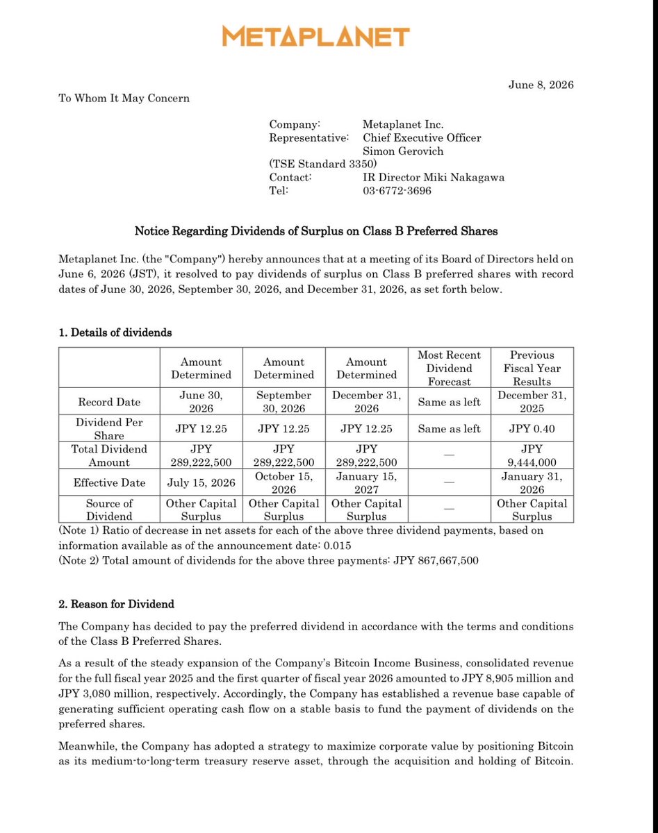 DylanLeClair's tweet photo. Metaplanet’s Board has resolved to declare in advance all FY2026 quarterly dividends on the Pre-IPO Class B 4.9% MERCURY Convertible Preferred stock, totaling ¥867.7m (~$5.4m), continuing to build its track record as a JPY denominated dividend-paying issuer. https://t.co/80tII7Y1MU
