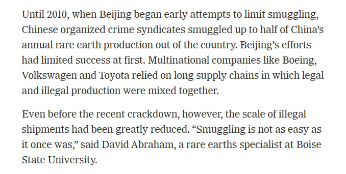 Brad_Setser's tweet photo. Another small bit of evidence here --

the consolidation of the industry around a few large state owned companies and crackdown on smuggling (after that weakened the controls in 2010) was clearly meant in large part to make China's export controls more effective https://t.co/vrZ29463Wv