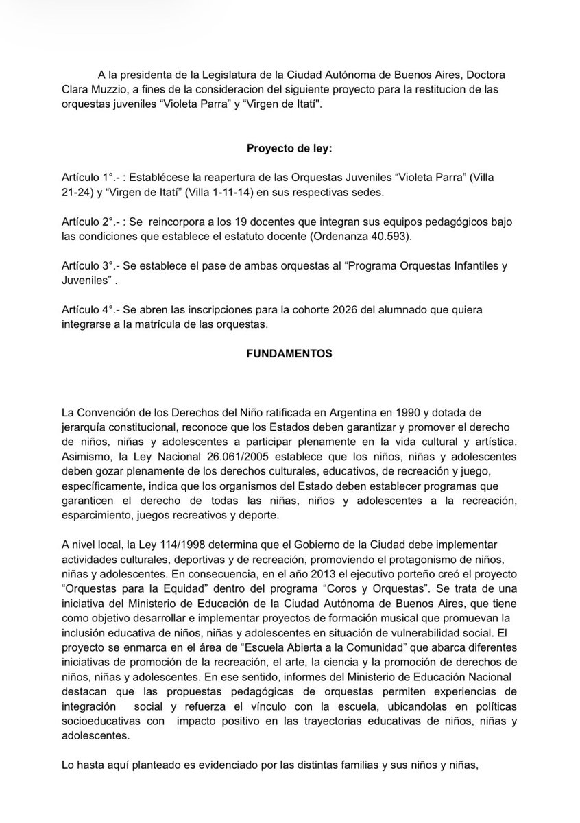 vaninabiasi's tweet photo. Vamos por la reapertura de las orquestas infantiles y juveniles que cerró el gobierno de Macri. Las comunidades educativas de la “Violeta Parra” y “Virgen de Itati” presentaron un proyecto de ley que establece la reapertura de ambas orquestas y la reincorporación de los docentes despedidos. 

La reapertura de las orquestas implicaría que cientos de chicos puedan recuperar su espacio de formación y acceso a tocar instrumentos y a una orquesta.

Las orquestas funcionaban en el Bajo Flores y la Villa 2124, siendo una oportunidad de acceso a la cultura a niños, niñas y adolescentes de zonas desfavorables y la recuperación de 19 cargos docentes que fueron cesanteados. 

Llamamos a todos los bloques de la Legislatura a aprobar el proyecto de ley presentado por las comunidades educativas y avanzar en la reapertura de las orquestas
