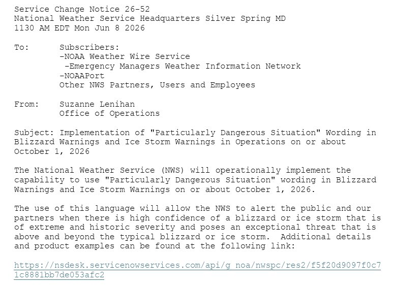 PezexWx's tweet photo. The National Weather Service will implement "Particularly Dangerous Situation" wording in Blizzard Warnings and Ice Storm Warnings beginning October 1, 2026.

#wxtwitter https://t.co/rCSWJQFY1H