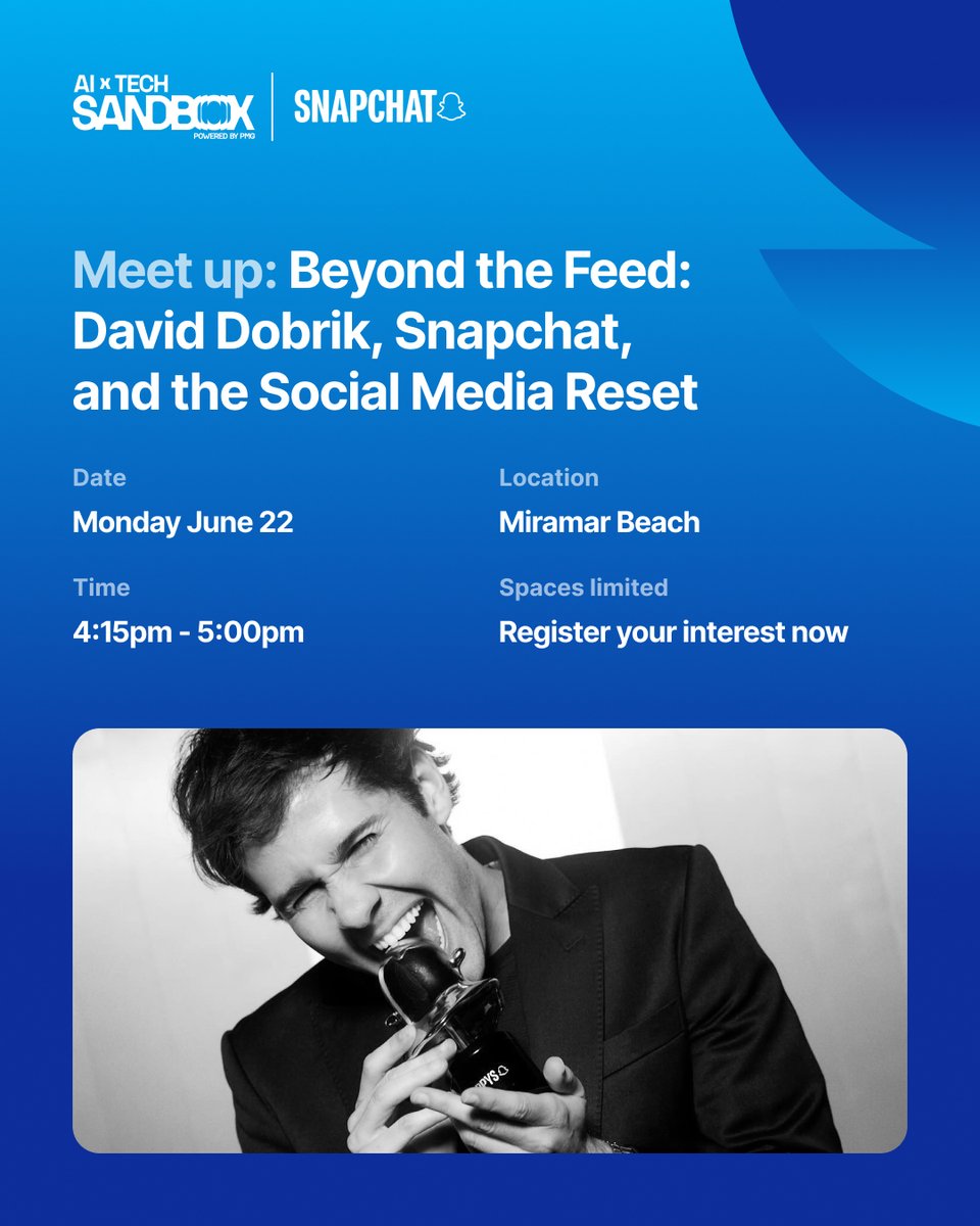 ai_tech_sandbox's tweet photo. Join David Dobrik and Snap's Erin Joyce &amp; Mandy Gardiner for a conversation on creator-led growth, community, and where audience attention is heading next.

�� June 22 | 3:15–4:00 PM CEST
📍 AI &amp; Tech Sandbox

Limited spaces. Join the waitlist.

https://t.co/Sya1XoyvBJ https://t.co/JKa2Gn2luZ