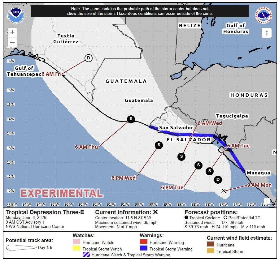 JMRAFFi_ES's tweet photo. LA DEPRESIÓN TROPICAL #3 El Centro Nacional de Huracanes acaba de clasificar al Invest #92E como la depresión tropical #3. Se fortalecerá en la Tormenta Tropical #Cristina en las próximas 24 horas. Según trayectoria, el centro entraría en Guatemala el jueves vientos de 85 km/h. https://t.co/wGPmP7BQux