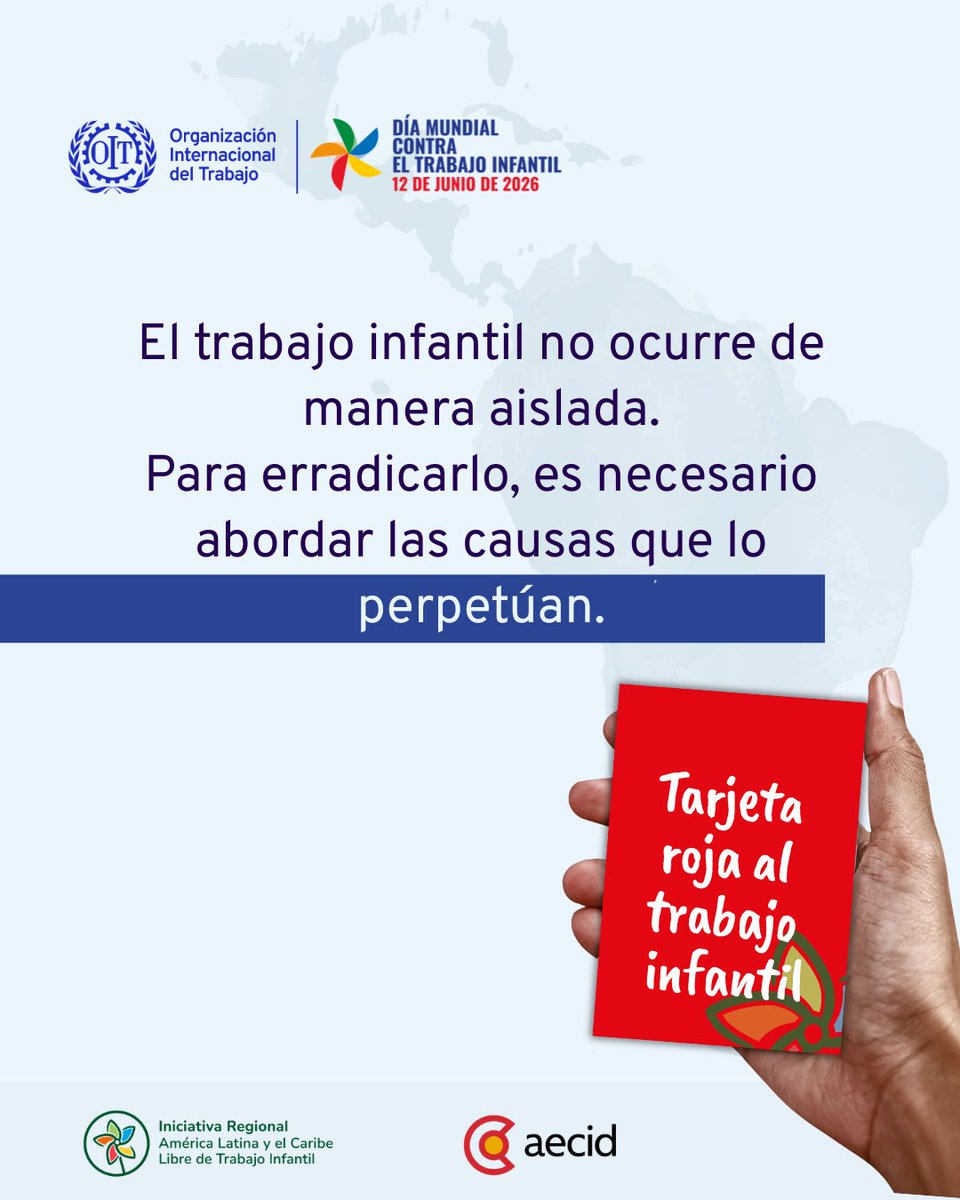 OITAmericas's tweet photo. Mientras persistan las condiciones que empujan a niñas y niños al trabajo infantil, nuestro compromiso no puede detenerse. 🚫🟥

Únete a la campaña y saca Tarjeta Roja al trabajo infantil: https://t.co/AmPC6InWFJ

#SinTrabajoInfantil #EndChildLabour @SinTrabinfantil https://t.co/OaBAGRU2rn