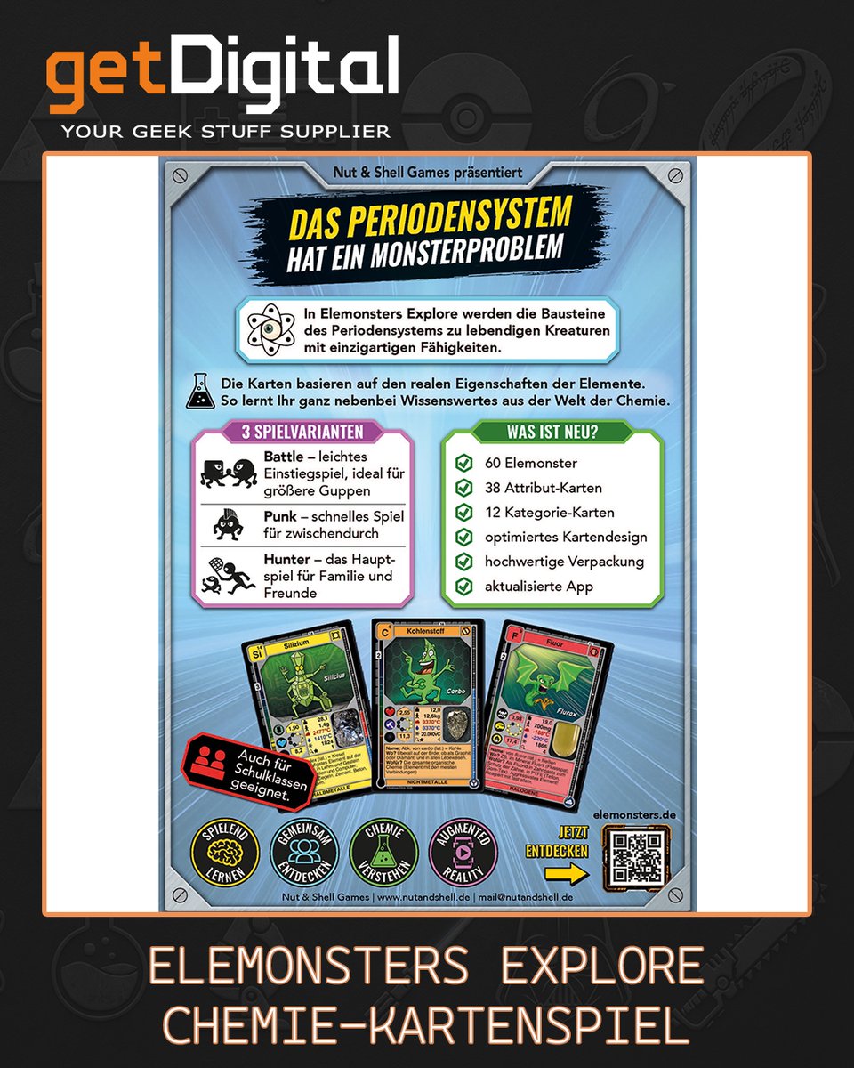 getDigital_de's tweet photo. Kennt ihr es schon? Dieses kultige Chemie-Kartenspiel hat mit Elemonsters Explore jetzt eine neue Auflage! Neue Karten, Regeln, Spiel-Modi und App mit AR! 

Elemonsters Explore findet ihr hier:
https://t.co/GSOKAc3obh https://t.co/AdDM96cLxy