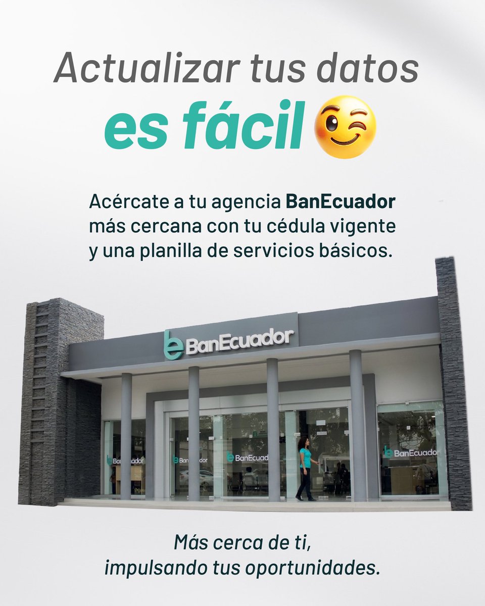BanEcuadorBP's tweet photo. ¡Mantén tus datos al día y sigue avanzando con nosotros! 👩🏽‍💻🚀

✅Actualizar tu información es más que un trámite: es la forma de garantizar un acceso seguro, ágil y sin contratiempos a los productos y servicios de BanEcuador. 🇪🇨🥇

#BanEcuador #Ecuador  #Datos https://t.co/N8pxWad2tv