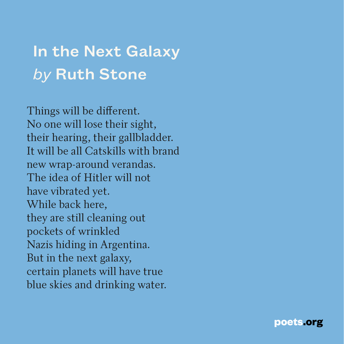 POETSorg's tweet photo. “In the Next Galaxy” by Ruth Stone, born #OTD in 1915.⁠
⁠
Read the poem: https://t.co/b7PT7jHwfC https://t.co/dVI4V8eSD9