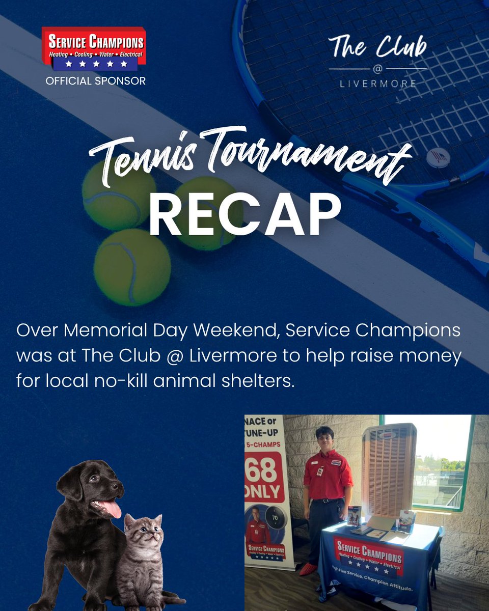 ServiceChampsN's tweet photo. The Annual Tennis Tournament was a success &amp; Service Champions was there for the action. Hundreds gathered to compete at The Club @ Livermore to raise money to help find homes for dogs and puppies in the area.

#ChampionsOfTheCommunity
#ServiceChampions https://t.co/vpyvVtCktc
