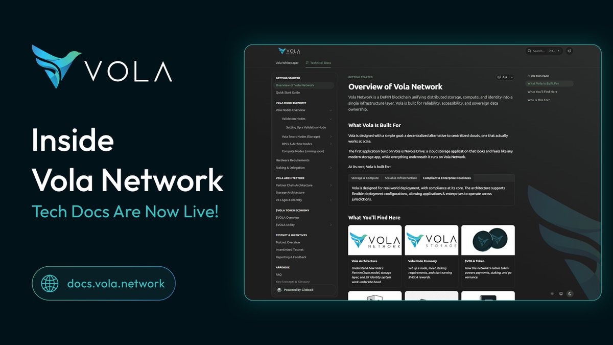 NuvolaDigital's tweet photo. The Vola Network technical documentation is now live!

We've put together everything you need to get started with Vola, from running a node and staking to delegating and participating in the testnet.

Link below👇