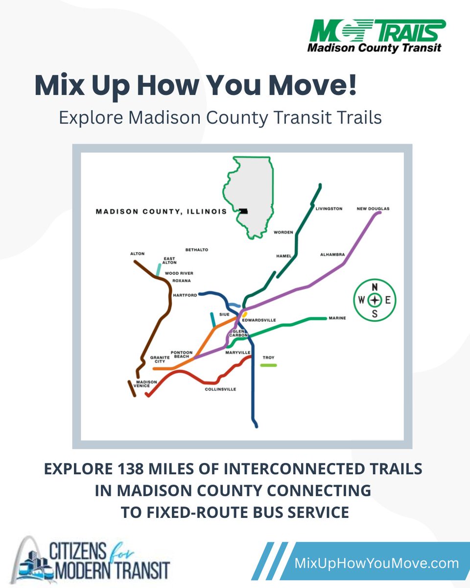 CMT_STL's tweet photo. Madison County Transit has 138 miles of trails, all leading to a fixed-route bus service ๐ Consider combining transit + trails to get where you need to go! Learn more: https://t.co/9H6ds6NDbN #ExploreSTL #Transit+Trails @SCCTransit @GreatRiversSTL https://t.co/srLr7zgQ6h