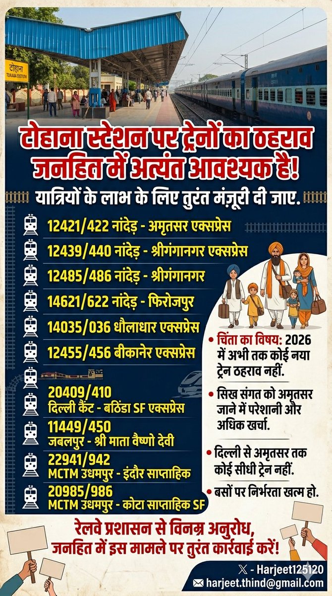 Harjeet125120's tweet photo. इलेक्ट्रिक-ट्रेन से यात्रा कर पर्यावरण अनुकूल परिवहन व्यवस्था को प्रोत्साहित करने तथा जनहित में इन ट्रेनों का ठहराव टोहाना स्टेशन पर किया जाएं। 
#टोहाना में ठहराव से हरियाणा और पंजाब क्षेत्र के यात्रियों को सुविधा मिलेगी। 🙏🚉
@NayabSainiBJP @RailMinIndia @drm_dli @subhashbrala https://t.co/z6RXfXLNOH