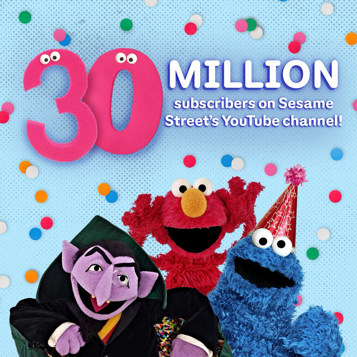 sesamestreet's tweet photo. The Sesame Street YouTube Channel reached 30 million subscribers! Thank you for watching along and growing with us! 🎉💛 https://t.co/S4zU3zpmYt