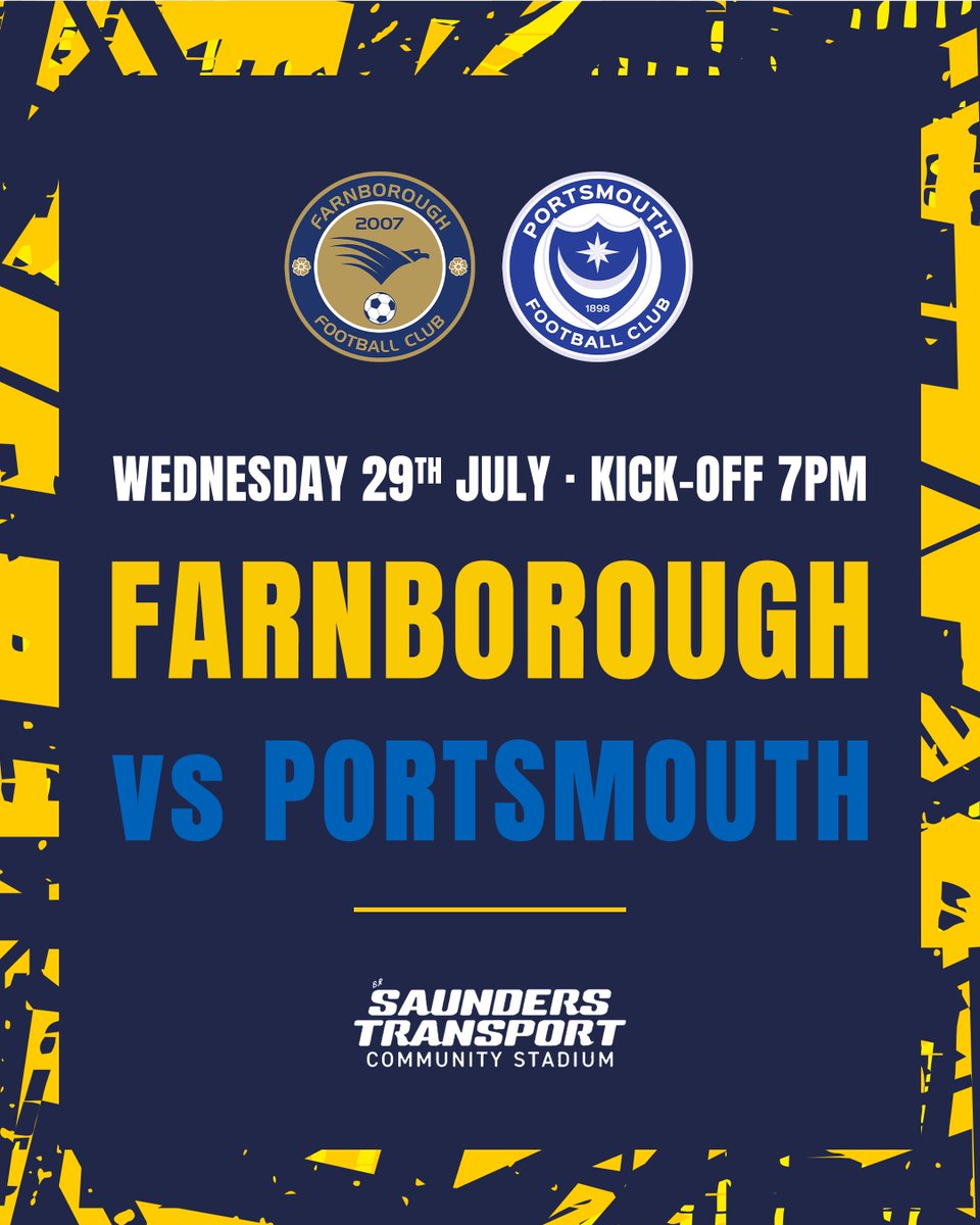 FarnboroughFC's tweet photo. Pre-Season: Pompey to return!

#FarnboroughFC will welcome back Sky Bet Championship side Portsmouth to the Saunders Transport Community Stadium on Wednesday 29th July.

🔗 https://t.co/O9ewJMDDyQ https://t.co/fkYFj7BqRB