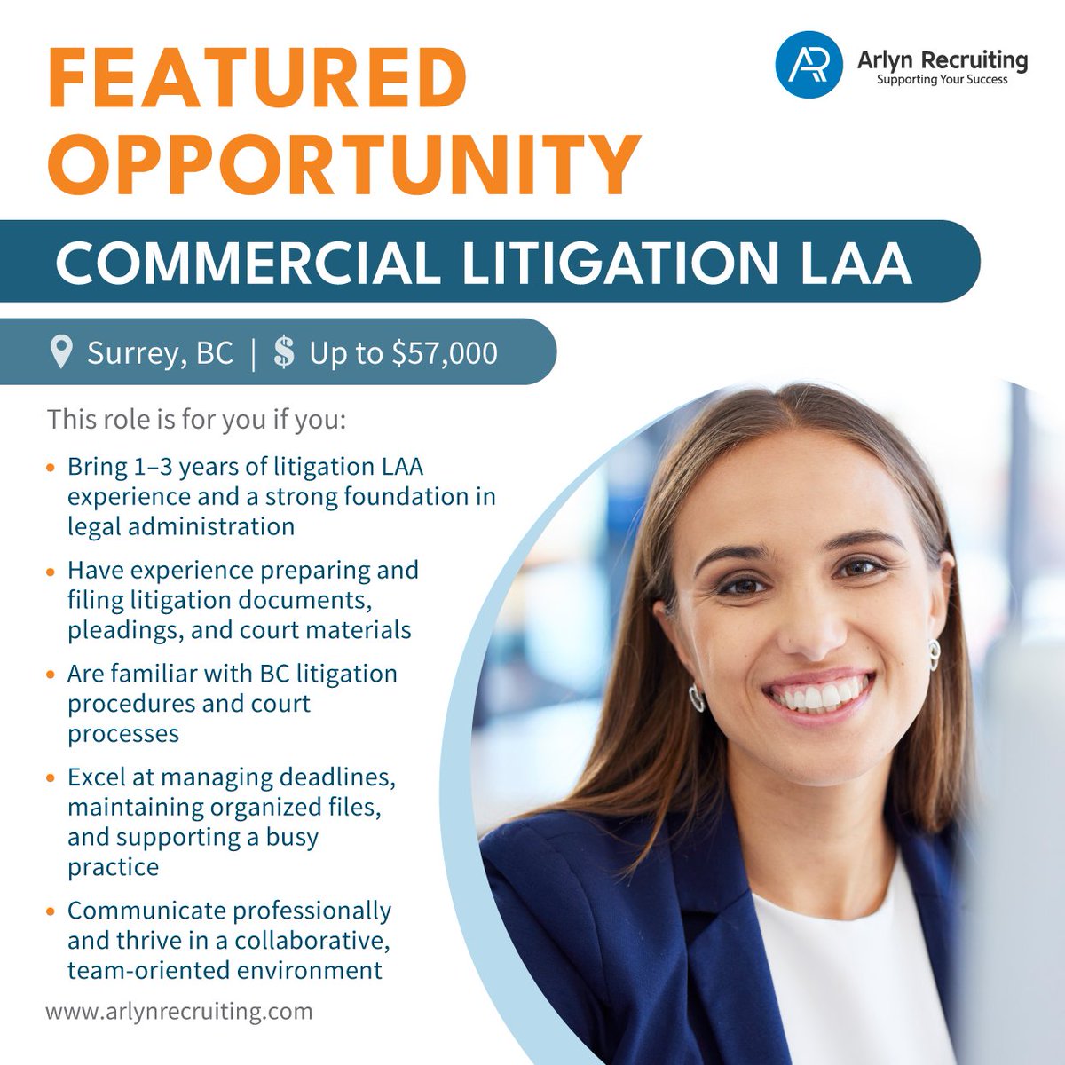 ArlynRecruiting's tweet photo. 📢 We’re hiring: Commercial Litigation Legal Administrative Assistant.

Join a respected Surrey law firm and grow your litigation career!

📍 Surrey, BC | 💰 Up to $57K | ⚖️ Commercial Litigation

Apply now 👉 https://t.co/4ERhavs8D1

#Vancouver #SurreyJobs #Litigation #NowHiring https://t.co/V1Jv9jsTpw