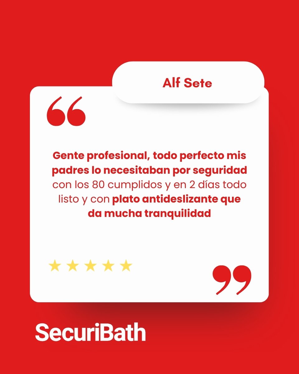 securibath's tweet photo. "Todo perfecto. Mis padres lo necesitaban por seguridad y en 2 días todo listo" 🌟

Alf Sete destaca la importancia de nuestro plato antideslizante para la tranquilidad de sus padres de 80 años. En SecuriBath, unimos rapidez y profesionalidad para cuidar de tu familia. 🛁✅ https://t.co/utlPpdYoZc