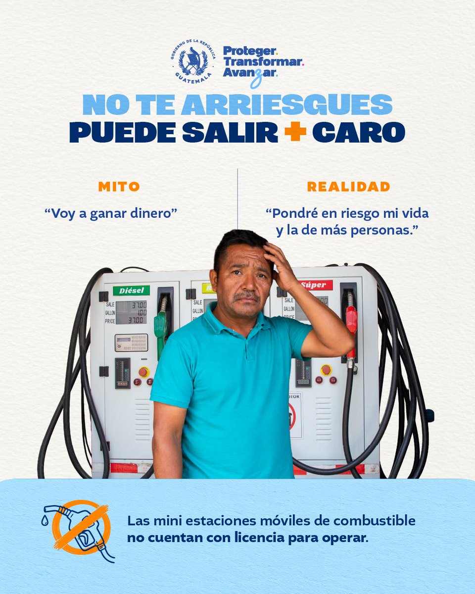 MEMguatemala's tweet photo. Antes de cargar combustible, asegúrate de que la estación opere legalmente. Las mini estaciones no autorizadas pueden representar riesgos de seguridad, dudas sobre la calidad del combustible y falta de respaldo para el consumidor. Infórmate y protege tu inversión. https://t.co/EYUr7YOLyA