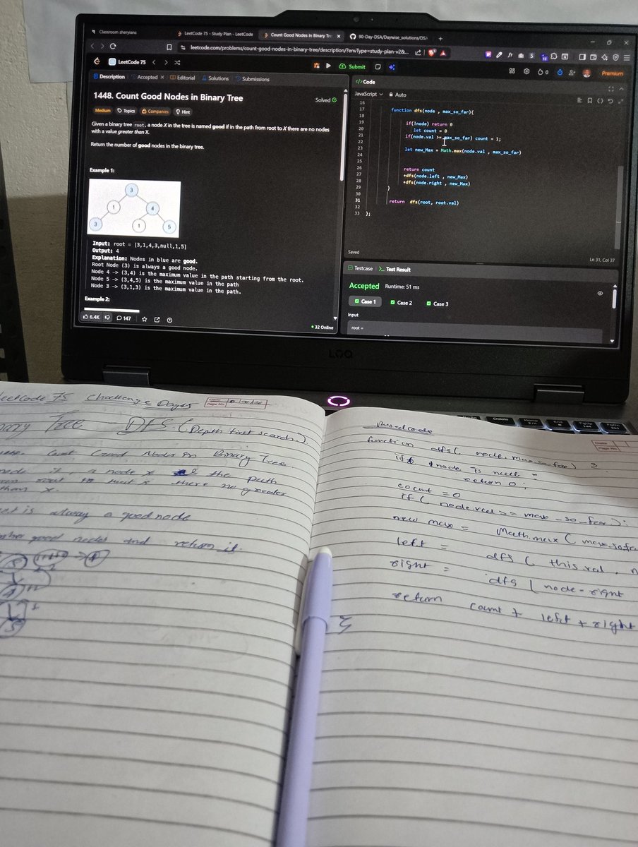JKNishad119301's tweet photo. #Day45 of #LeetCode75 🚀

Q1g
💡 Track max value from root → node
If current ≥ max_so_far → good node

⚙️ DFS + state passing
⏱️ O(n) | 📦 O(h)

Small insight, big impact 💯
#LeetCode #DSA #BinaryTree @sheryians_ @ali_In_bits https://t.co/jSVSNnEkvd