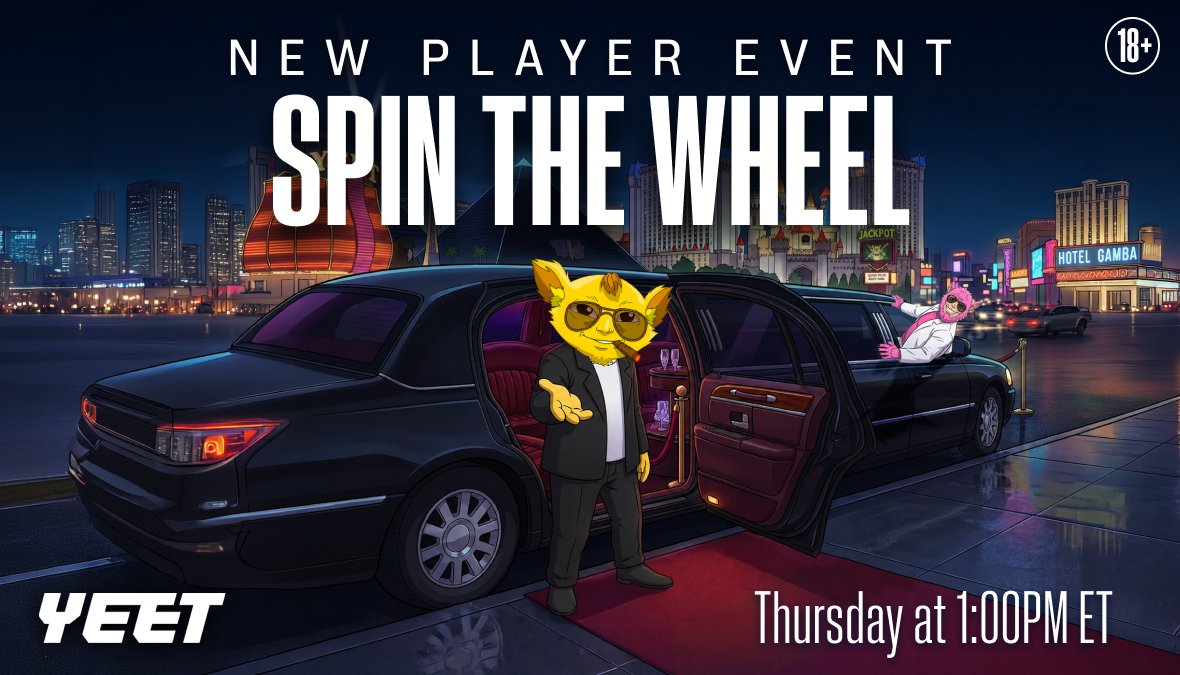 yeet's tweet photo. NEW PLAYER EVENT: SPIN THE WHEEL

Just joined YEET?

If you created your account between May 14th - June 3rd, you're invited to Spin the Wheel this Thursday at 1:00PM ET for a chance to win cash prizes and more!

Must be Silver rank or higher to participate.

Don't miss your shot — winners must be live to claim!

Learn more:
https://t.co/K3FViXpT19