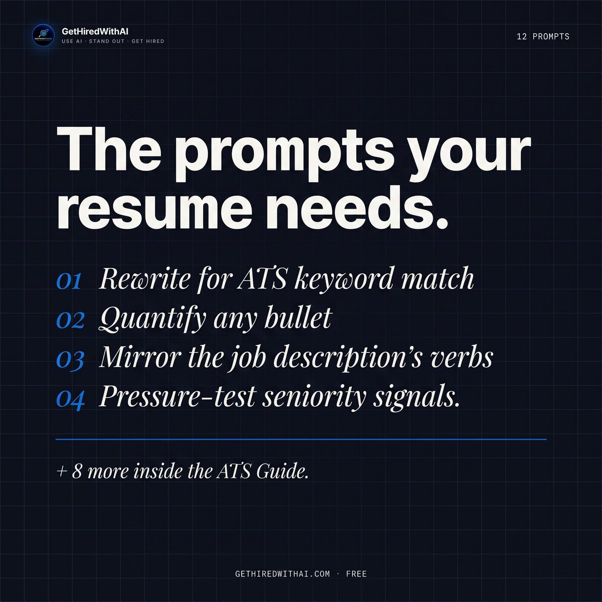 gethiredwithai's tweet photo. 12 prompts that fixed my resume in one afternoon.

Most job-seekers using ChatGPT are asking it the wrong question. "Rewrite my resume" gets you generic. "Make it more impactful" gets you adjectives. "Tailor for this role" gets you a vague guess.

The prompts that actually work give the model: the job description, your real bullets, the seniority level it's targeting, the ATS it's being parsed by, and the specific failure mode you're trying to avoid.

We pulled the 12 we use with clients into one place. Save this post — the ATS Guide breakdown's in our bio.

#ChatGPT #resumetips #AItools #jobsearch #careeradvice #promptengineering #AIforjobsearch