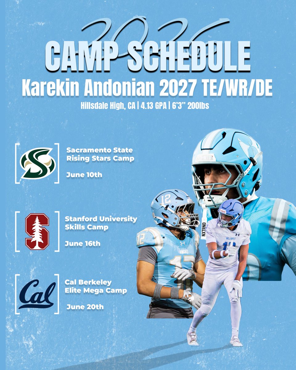 KarAndon02's tweet photo. Here’s my 2026 camp schedule. Excited to go out and compete!

WR/TE/DE c/o 2027
6’3 225Lbs
HC @COACHMP 
4.66 GPA
Hudl Highlights: https://t.co/nzlAoDnIp2

@CoachKeyz @ETSCOTT13 @CoachGMcClure @DylanJCruz_ @brianbratton @Albert_GarciaFB @Big75Fella @BenjiPalu_Cal @Coach_Ike19 https://t.co/m51BmMWFJU