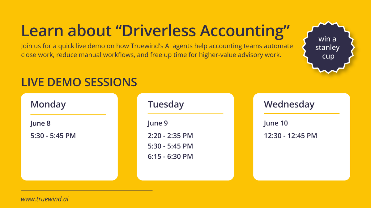 truewindai's tweet photo. At #ENGAGE26 this week? Come learn about "Driverless Accounting" at Booth 1111.

15-minute live demo. Kahoot. A Stanley Cup up for grabs.

Sessions running Mon–Wed so swing by whenever you have a break.

#AICPAENGAGE #Accounting #AI #Truewind https://t.co/9r4qJAKzK6