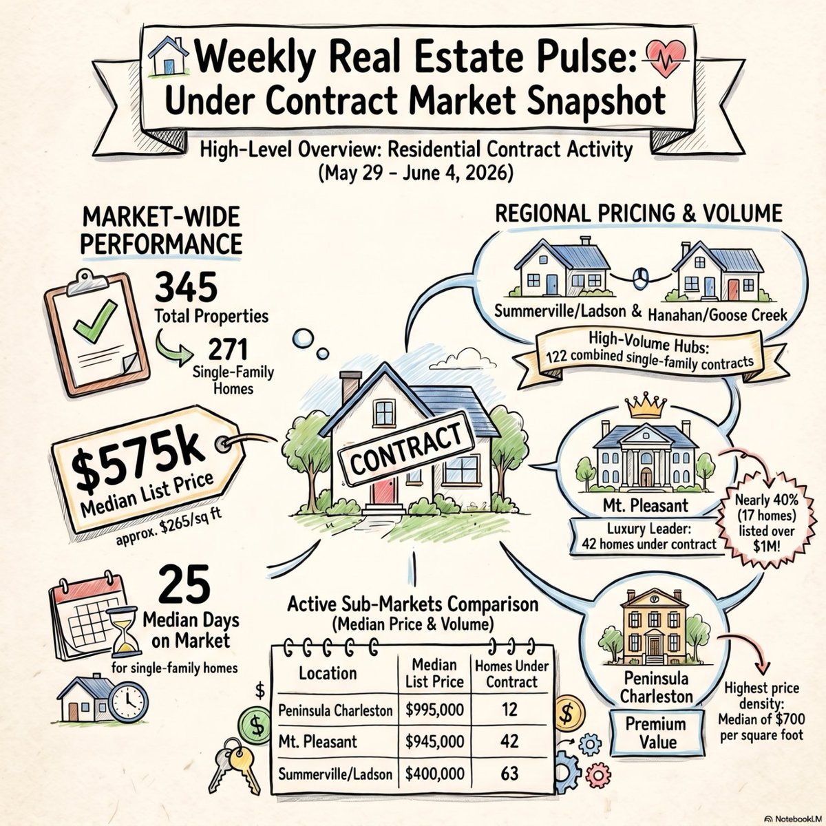 DavidKentRE's tweet photo. Charleston real estate real-time data check (May 29–June 4, 2026) 🏠👇
• 345 total residential properties under contract
• Median single-family list price: $575,000 ($265/sqft)
• Median Days on Market: 25 days
• 48 single-family contracts over $1M https://t.co/34RY78SFqk