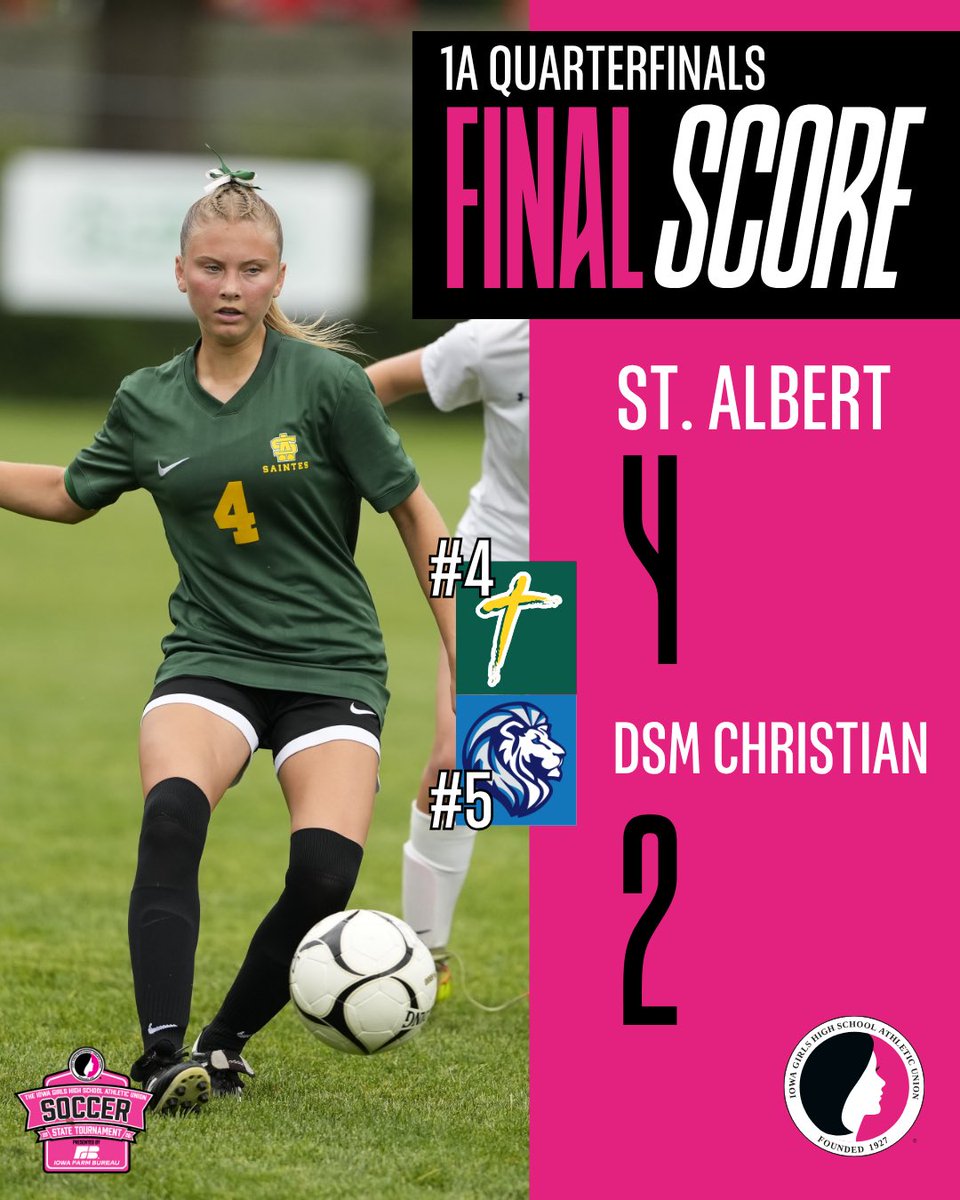 IGHSAU's tweet photo. 𝐂𝐨𝐦𝐞𝐛𝐚𝐜𝐤 𝐂𝐨𝐦𝐩𝐥𝐞𝐭𝐞! ⚜️⚽️ 

Down 2-0 at the 11 minute mark, #4 Saint Albert scores 4 goals in 5 minutes to defeat  #5 Des Moines Christian 4-2! They will face Denver in the 1A Semifinals at Noon on Thursday, June 11.

2026 State Soccer Presented by @iowafarmbureau

Final score brought to you by @farewaystores

#IGHSAU #IowaGirl #StateSoccer