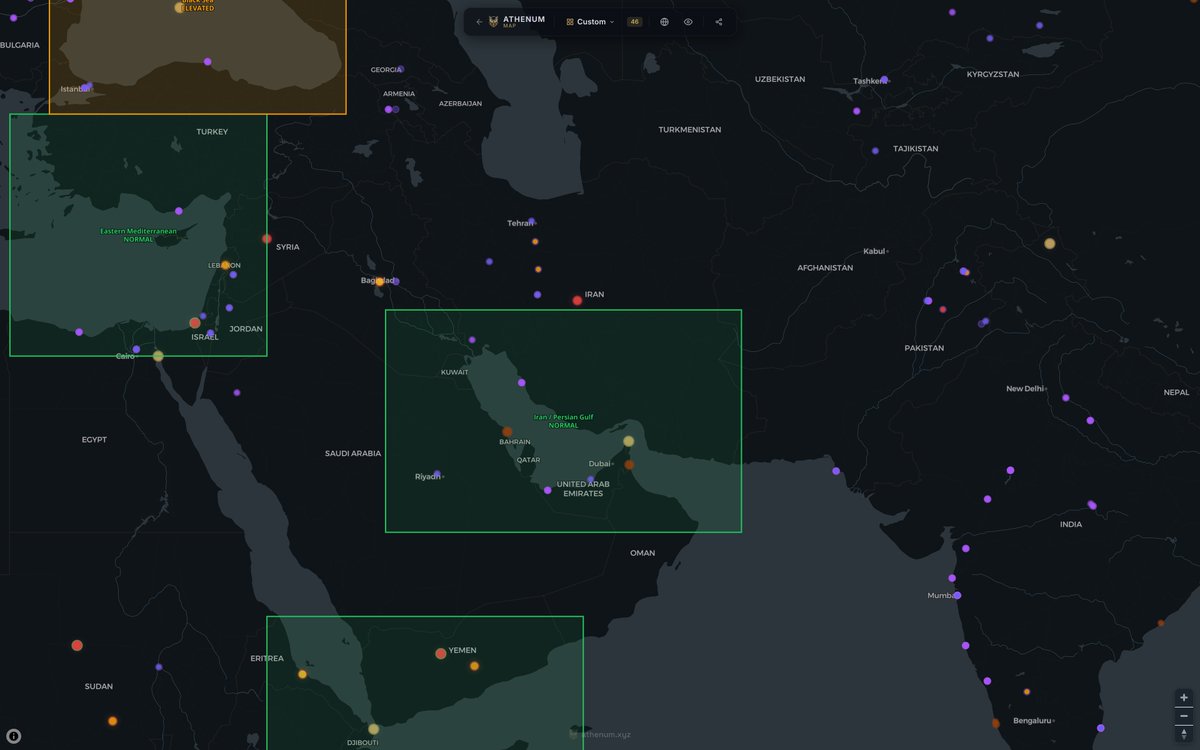 AthenumMap's tweet photo. ATHENUM WORLD MAP

Iran · Geopolitical Risk

Iran signalled a shift in military doctrine within the last hour, framing its strikes on Israel after the Beirut raid as part of an offensive posture prioritising initiative over deterrence.

Intel Hotspots cluster across Iranian command centres and the Tehran-Beirut axis. Nuclear Sites trace the contested enrichment footprint that anchors the standoff. Sanctions layers mark the financial perimeter already constraining Iranian crude and banking flows.

Source: https://t.co/1bdqzjwctP