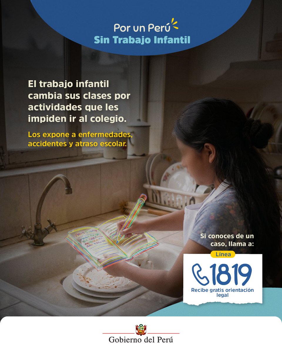 MTPE_Peru's tweet photo. 👧🧒🧑‍🦱 Que una niña, un niño o adolescente deje de asistir al colegio por dedicarse a laborar: eso es trabajo infantil. ❌
¡Cambiemos esa realidad! Si conoces de un caso, comunícate a la Línea 1819 del MTPE y recibe orientación.
#PerúSinTrabajoInfantil🤝🇵🇪 https://t.co/R68kB46yyk
