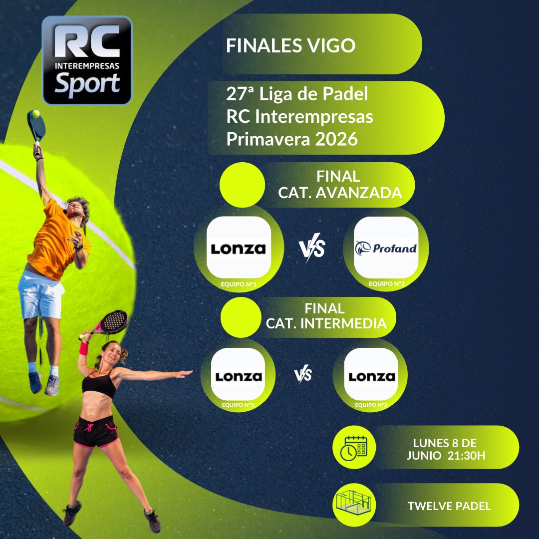 RCSport3's tweet photo. 🎾🔥 ¡Arranca en Vigo la ronda de finales de la 27ª Liga de Pádel RC Interempresas Primavera 2026! 🏆
🏆 FINAL CATEGORÍA AVANZADA
 🎾 @Lonza 1 🆚 Grupo @Profand 2
🏆 FINAL CAT. INTERMEDIA
 🎾 LONZA 3 🆚 LONZA 2
🌟 En juego: una plaza para el ¡Torneo Nacional de Champions!🌟 https://t.co/amJCPbGwlx