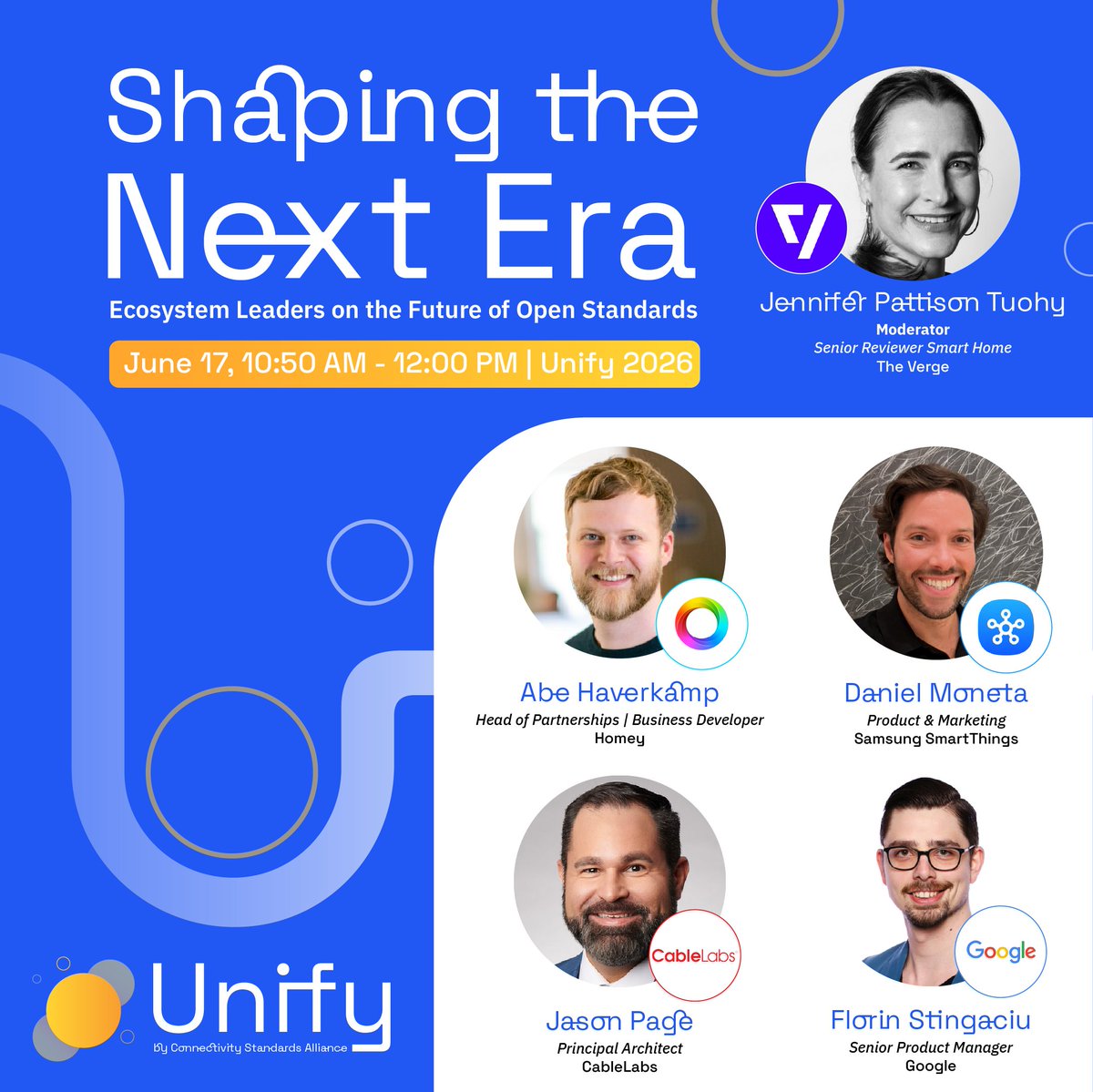 csaiot's tweet photo. Will the future of connected technology be defined by collaboration or competition?

At #Unify2026, @verge's @jp2e moderates a discussion featuring Florin Stingaciu from @Google, Asad Haque from @Comcast, Jason Page from @CableLabs, Abe Haverkamp from @Athom, and Daniel Moneta from @SmartThings on the future of open standards, ecosystem partnerships, AI, security, and what seamless #interoperability should look like for developers and consumers.

This conversation tackles one of the biggest questions facing the #IoT: how do we scale innovation without creating fragmentation?

Join us and be part of the conversation shaping the next era of open standards: https://t.co/34AdQlFUsN

#csaiot #standardsmatter #iotcommunity