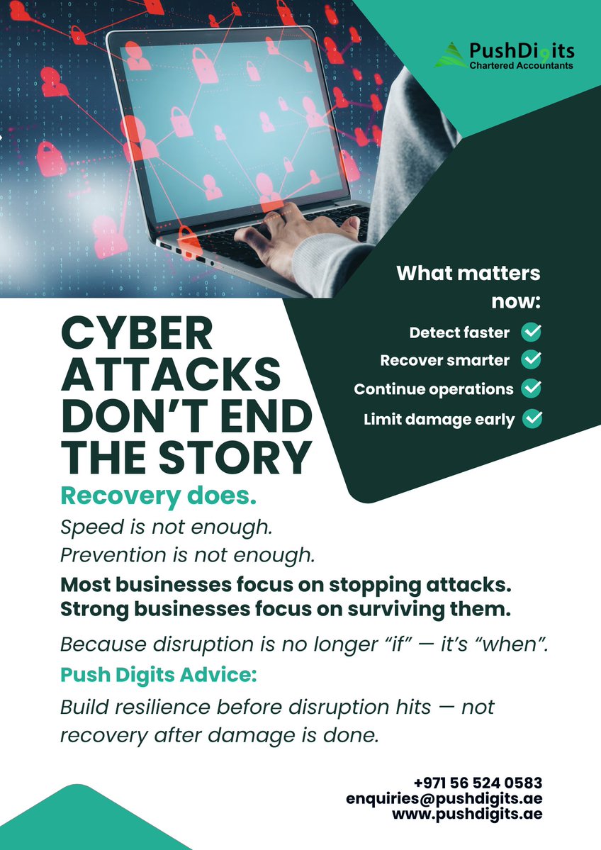pushdigitsae's tweet photo. Cyber attacks don’t always stop businesses.
But recovery speed decides survival.
Prevention is not enough anymore.
Resilience is.
+971 56 524 0583
enquiries@pushdigits.ae
https://t.co/1FZB6ITRE4
#CyberSecurity #CyberResilience #InformationSecurity #DataProtection #PushDigits https://t.co/fQzEodJ483