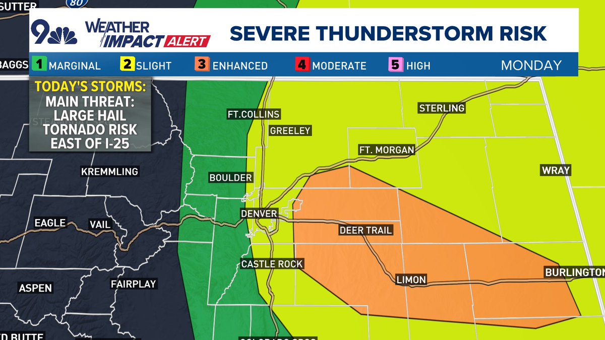 BianchiWeather's tweet photo. Upgrade to a level 3 risk for severe weather for today for the east metro/I-70 corridor. This is almost exclusively for the potential for large hail.

Tennis ball+ size hail possible, esp from I-225 on east. 

But that potential *does* include Denver proper as well. 1-5p.

#COwx https://t.co/lsRHJbolLZ