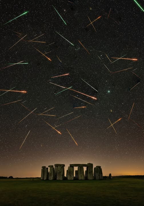 astrooalert's tweet photo. Once-in-a-lifetime Perseid meteor storm over the ancient monument of Stonehenge ☄️🌌 https://t.co/2gWQaeWyxd