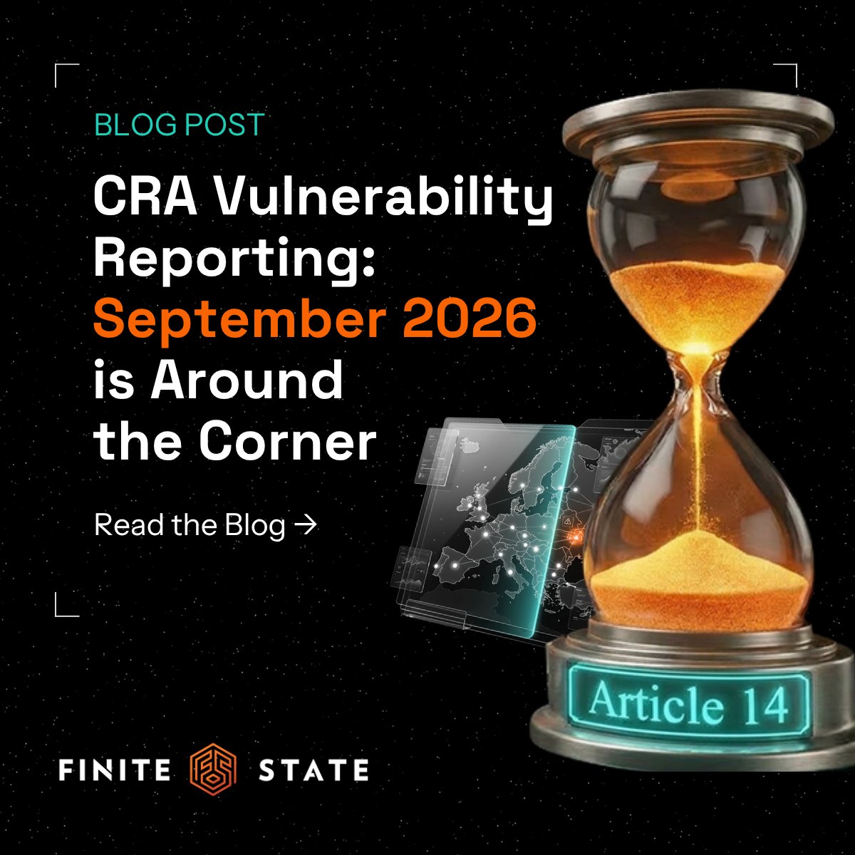 FiniteStateInc's tweet photo. The CRA's first major deadline is September 11, 2026.

From that date, manufacturers have just 24 hours to report actively exploited vulnerabilities. Compliance requires more than documentation. It demands continuous visibility and rapid impact assessment.

Could your team meet the Article 14 timeline today?
https://t.co/1CAtr9bMCi

#EUCRA #ProductSecurity #CyberResilience