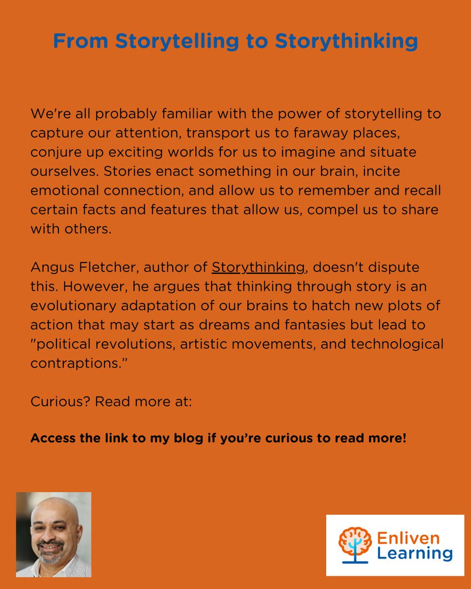 ndeckha's tweet photo. From storytelling to storythinking:

Angus Fletcher, author of Storythinking, argues that thinking through story is an evolutionary adaptation that leads to "political revolutions, artistic movements, and technological contraptions.”

Read more at: https://t.co/j5Etyy5KmK https://t.co/LYSllqABaR