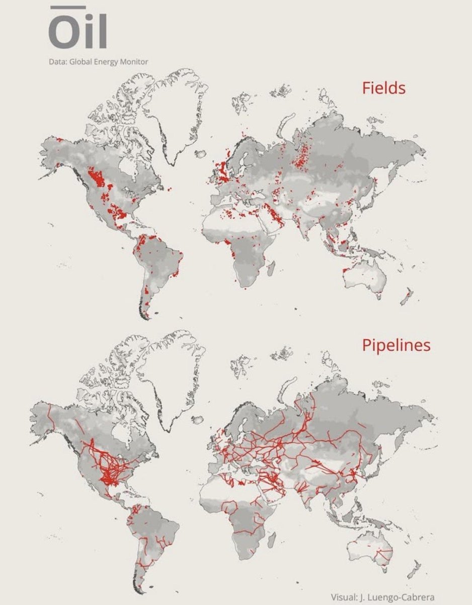 jackprandelli's tweet photo. Fields tell you where oil is. 

Pipelines tell you who controls it. 

Look at the top map, Fields.
The Middle East is dense with red dots, Russia, West Africa, Brazil offshore. 
The oil is there enormous quantities of it.

Now look at the bottom map, Pipelines.

The Middle East is nearly empty of red lines. 
Almost no pipeline export infrastructure. 
Every barrel leaves by tanker...Through Hormuz.

That is the entire vulnerability of the global oil system.

Fields without pipes are hostage to shipping routes.

Pipes without fields are stranded infrastructure.

The countries that have both and control the chokepoints between them hold the structural power in global energy.

Right now, one of those chokepoints is closed.

And the last important pice is in danger ...shipping🚢

Full analysis in my latest article. 
Link in the comments 👇