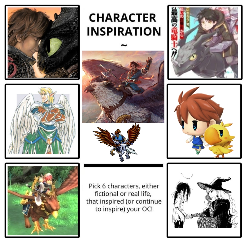 Seizui_'s tweet photo. I don't think I've posted my inspirations for Ishaan &amp; Ignacio, the griffin rider/griffin knight. Original inspiration was from the manga on the top right... but with a griffin and the 魔女集会で会いましょう hashtag. https://t.co/rZ1PDhr0Hj