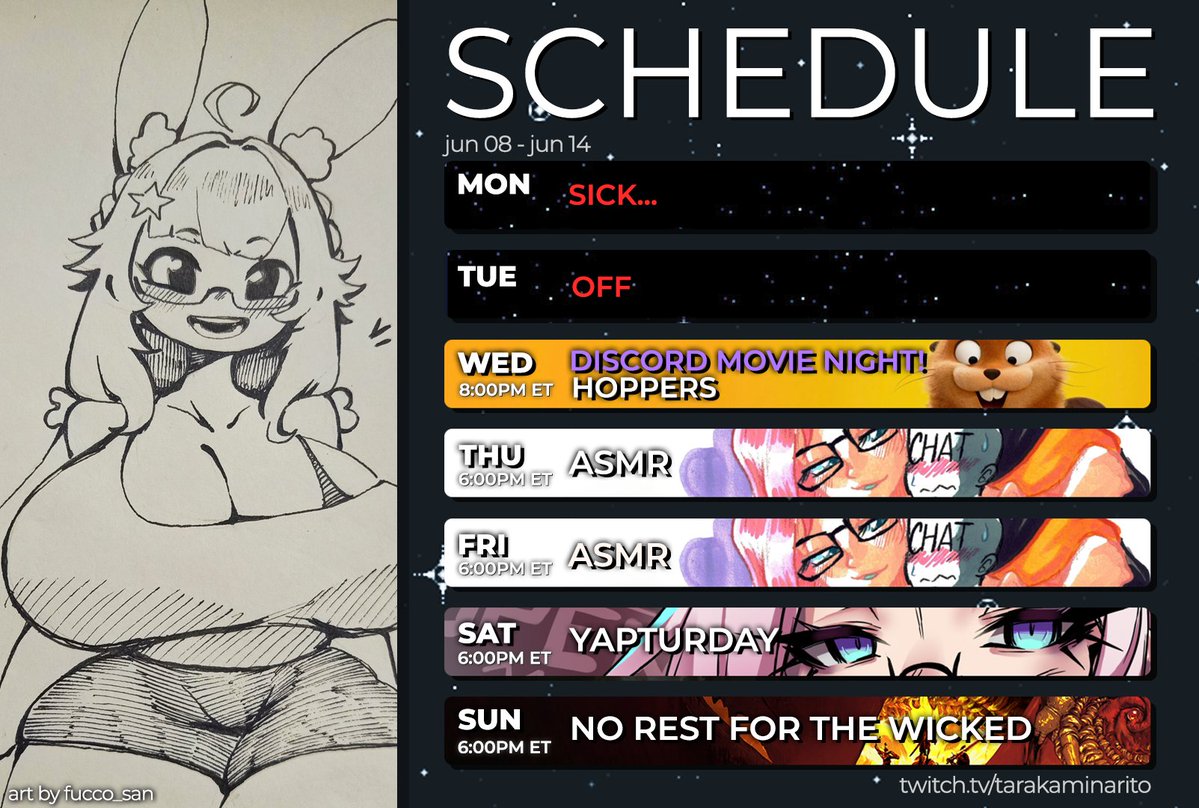 TaraKaminarito's tweet photo. ⚡SCHEDULE for jun 8-14🐇 https://t.co/blQ62yl4HW