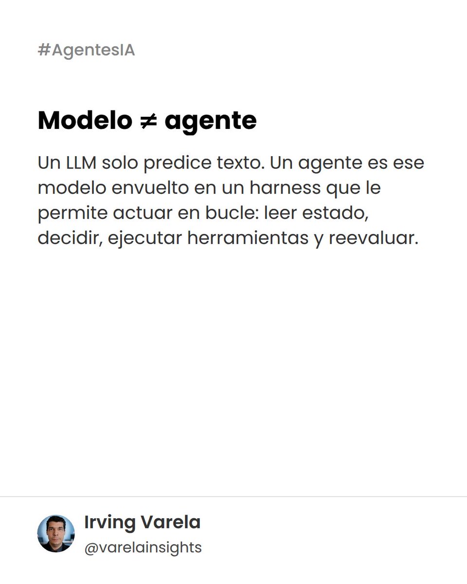 irvinux's tweet photo. "Modelo de IA" ≠ "agente de IA".

Un modelo predice texto. Un agente actúa en bucle.

Lo que los separa es el agent harness: un loop de 3 piezas. Te lo explico 🧵 https://t.co/mOh08FcQpw