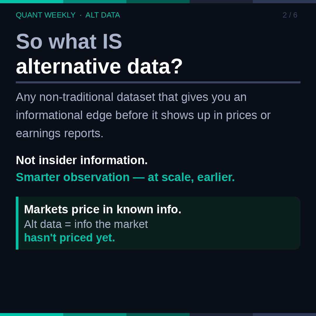 TheMintingM's tweet photo. Most quant alpha today isn't coming from balance sheets or price charts.
It's coming from parking lots. Shipping lanes. Credit card receipts.
A thread on Alternative Data, the quiet edge reshaping systematic investing.
#FinTwit #QuantTwitter #SystematicTrading $NIFTY #Risk https://t.co/LqqJdqbNh2