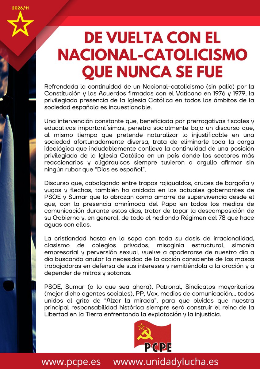 PCPE_Comunista's tweet photo. Nacional-catolicismo blindado en la Constitución y los acuerdos con el Vaticano.

PSOE y Sumar lo abrazan para tapar la descomposición del Régimen del 78.

Cristiandad en la sopa para anular la acción consciente de la clase obrera.

Oración o lucha. Elegimos lucha. https://t.co/rRMqGeRa5i