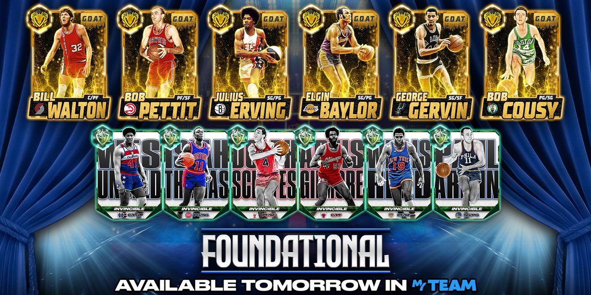 NBA2KMyTEAM's tweet photo. Before today’s stars took over… the foundation was already set 🧱

Foundational Packs arrive in MyTEAM tomorrow, adding 6 new G.O.A.T. players more star talent who helped shape the game you see today 👀
🐐 G.O.A.T. Julius Erving
🐐 G.O.A.T. Bob Cousy
🐐 G.O.A.T. Elgin Baylor
🐐 G.O.A.T. George Gervin
🐐 G.O.A.T. Bob Pettit
🐐 G.O.A.T. Bill Walton
🛡️ Invincible Artis Gilmore
🛡️ Invincible Wes Unseld
🛡️ Invincible Isiah Thomas
🛡️ Invincible Willis Reed
🛡️ Invincible Paul Arizin
🛡️ Invincible Dolph Schayes