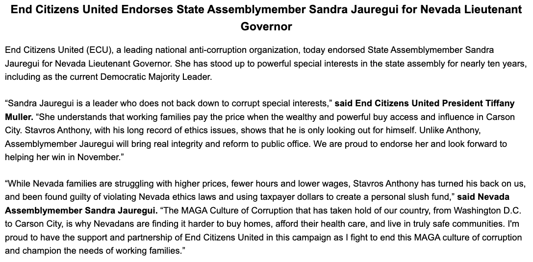 SteveSebelius's tweet photo. The group End Citizens United has endorsed Assemblywoman @sandra4nv for lieutenant governor. MORE: https://t.co/QswiHBM1f3