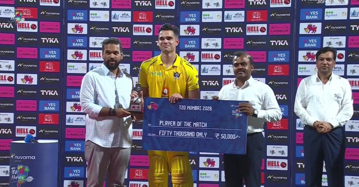 CricketCentrl's tweet photo. 🚨 EMOTIONAL STATEMENT BY ARJUN TENDULKAR AFTER WIN AGAINST BANDRA BLASTERS 🚨

Arjun Tendulkar said 🗣️,

"It is a very satisfying performance and I really enjoyed it. Glad to have performed for my team.
​(On Dube promoting him to 3) He just told me to mentally prepare to bat at 3 and go and express myself.
​(On his bowling) Everything was going well today. We just kept to the basics and hit the right lengths.
​ Just focus on your routine, eat good protein and train hard."