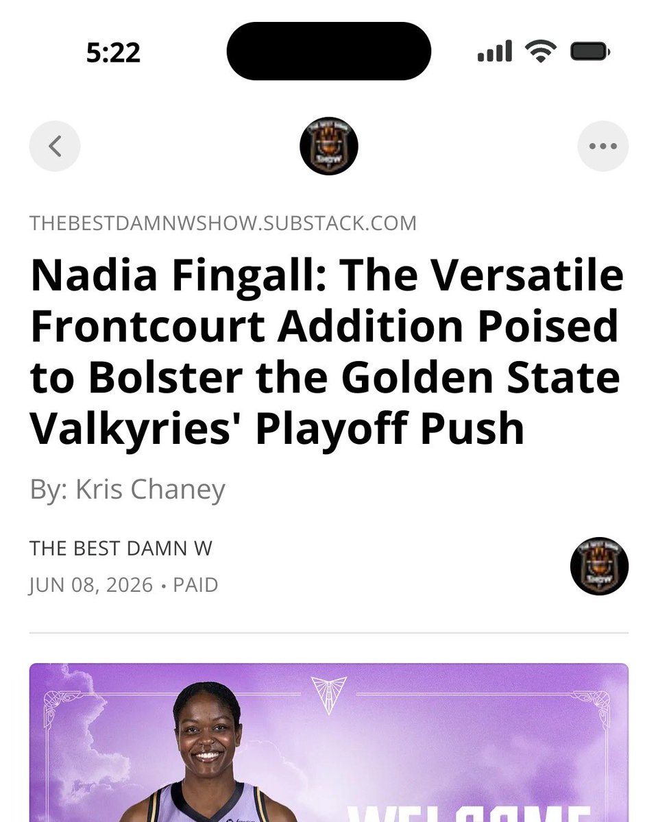 kris_chaney32's tweet photo. New 📝 💻:

Nadia Fingall: The Versatile Frontcourt Addition Poised to Bolster GSV’s Playoff Push 

A little bit on her college and overseas playing, what she brings to GSV, and how they can leverage her talent immediately ⬇️ 

🔗 https://t.co/fJ9UUilWDM

Thanks for reading! 🙏🏽

Covering @valkyries for @BestWShow 🏀 

#WNBA #W #WNBA30 #writing #valkyries #goldenstate