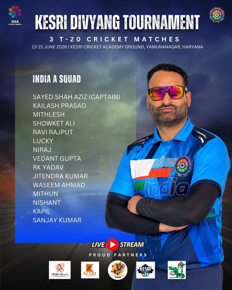 DCCBIofficial's tweet photo. Team Announcement 📢

Here the announcement of India A under the leadership of Sayed Shah Aziz 🇮🇳💙

Best wishes to all India A for Kesri Divyang Tournament 🏏🇮🇳💙

#DCCBI #DivyangCricket #DisabilityCricket #Cricket #IndiaA https://t.co/1btKddBl0y