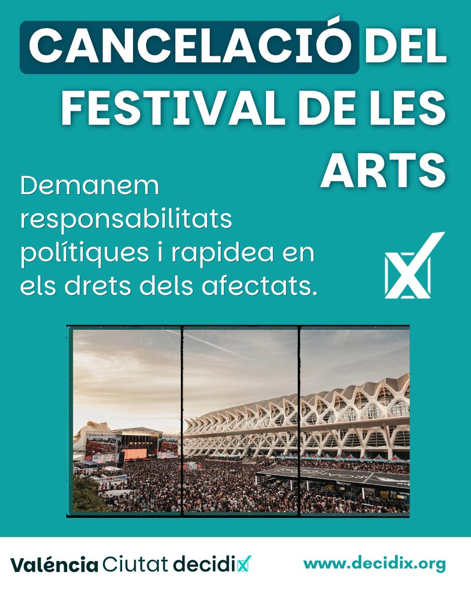 decidix's tweet photo. ❌🎸 La cancelació del Festival de les Arts ha segut un fracàs polític. I, com a fracàs polític, hauria de tindre conseqüències polítiques per les ineficients actuacions de Generalitat i Ajuntament de Valéncia. 

👎🏼 Llamentable image per al Cap i Casal, que deu ... https://t.co/Oua9Tevyn7