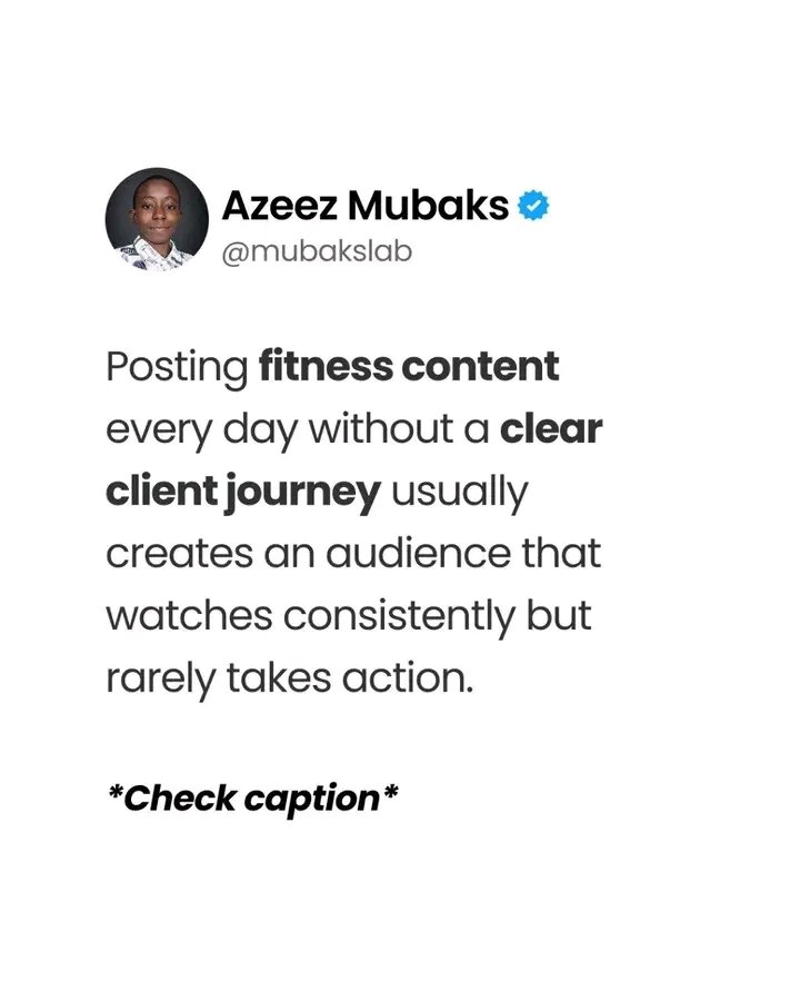mubakslab's tweet photo. Consistency is not the issue for many coaches anymore. Direction is.

Many post daily, get views, but nothing moves because content has no flow or journey.

Strong systems guide attention and turn posts into action over time.

#fitnesscontent #fitnessmarketing https://t.co/EUkDypuvS1